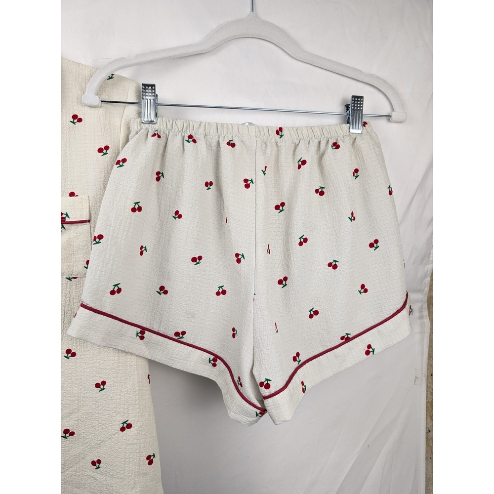Cherry Print Pajama Set Button Shirt Shorts Size M Cream Red Novelty Print Fruit - Picture 4 of 10